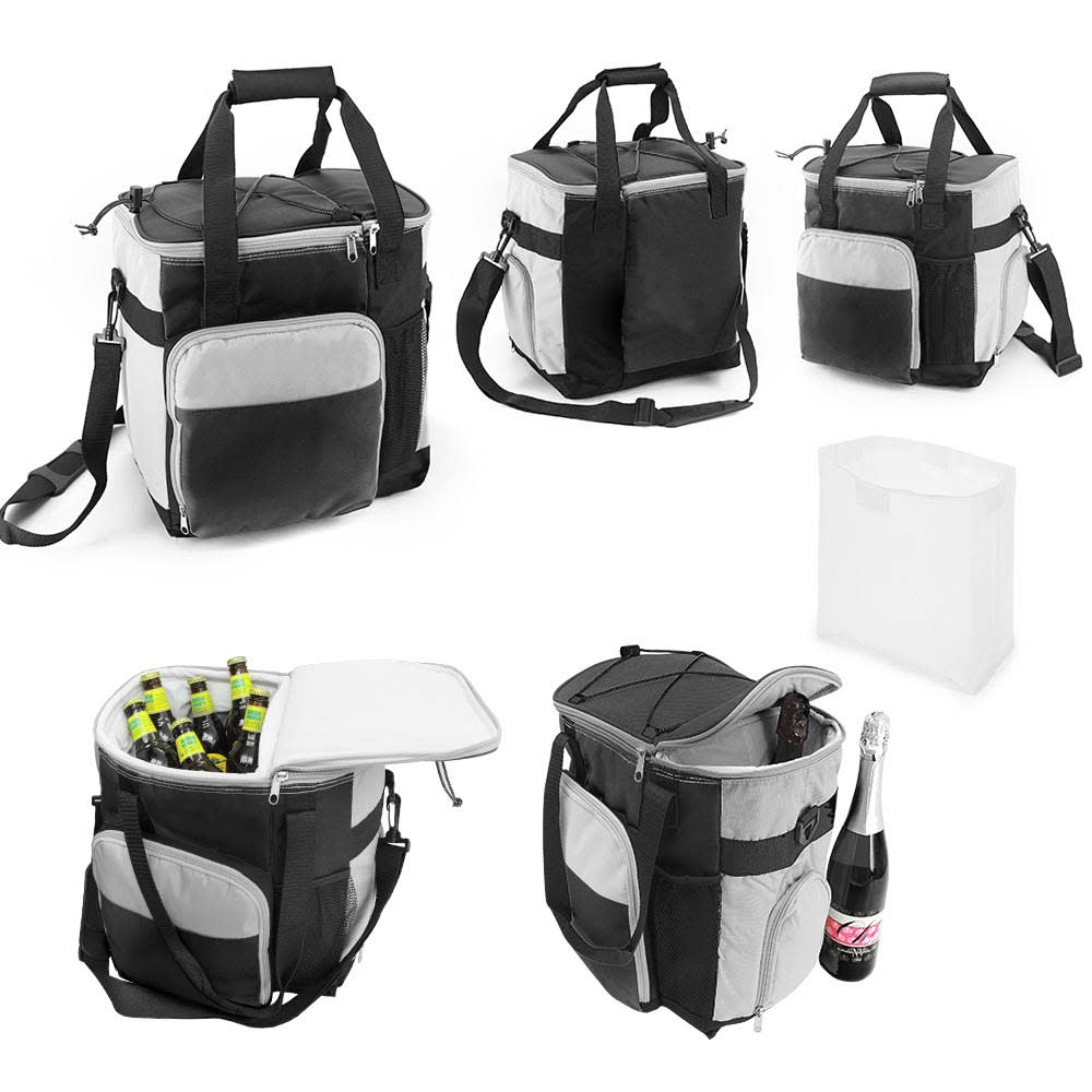 A cooler bag in black and grey, featuring multiple compartments, handles, and a removable shoulder strap.