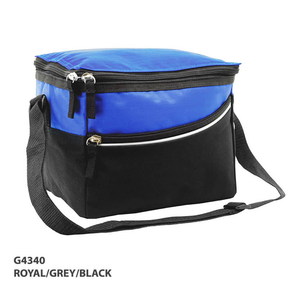 A cooler bag in royal blue and black with a grey accent and a detachable shoulder strap. It features two zippered compartments.