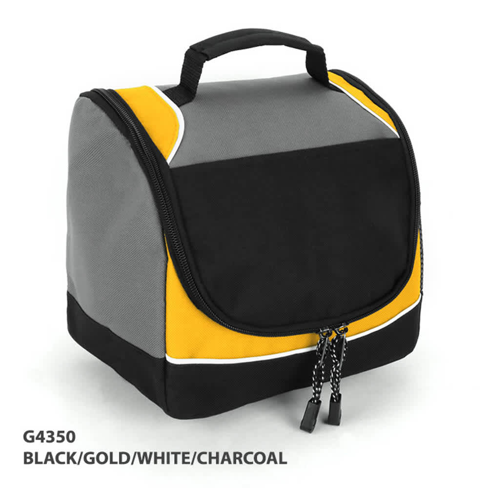 A cooler bag in black, gold, white, and charcoal with a zip closure and a top handle. It features a logo.