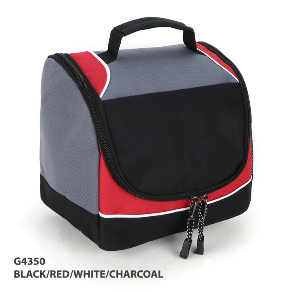 A cooler bag in black, red, white, and charcoal with a zip closure and a handle on top. Features a logo.