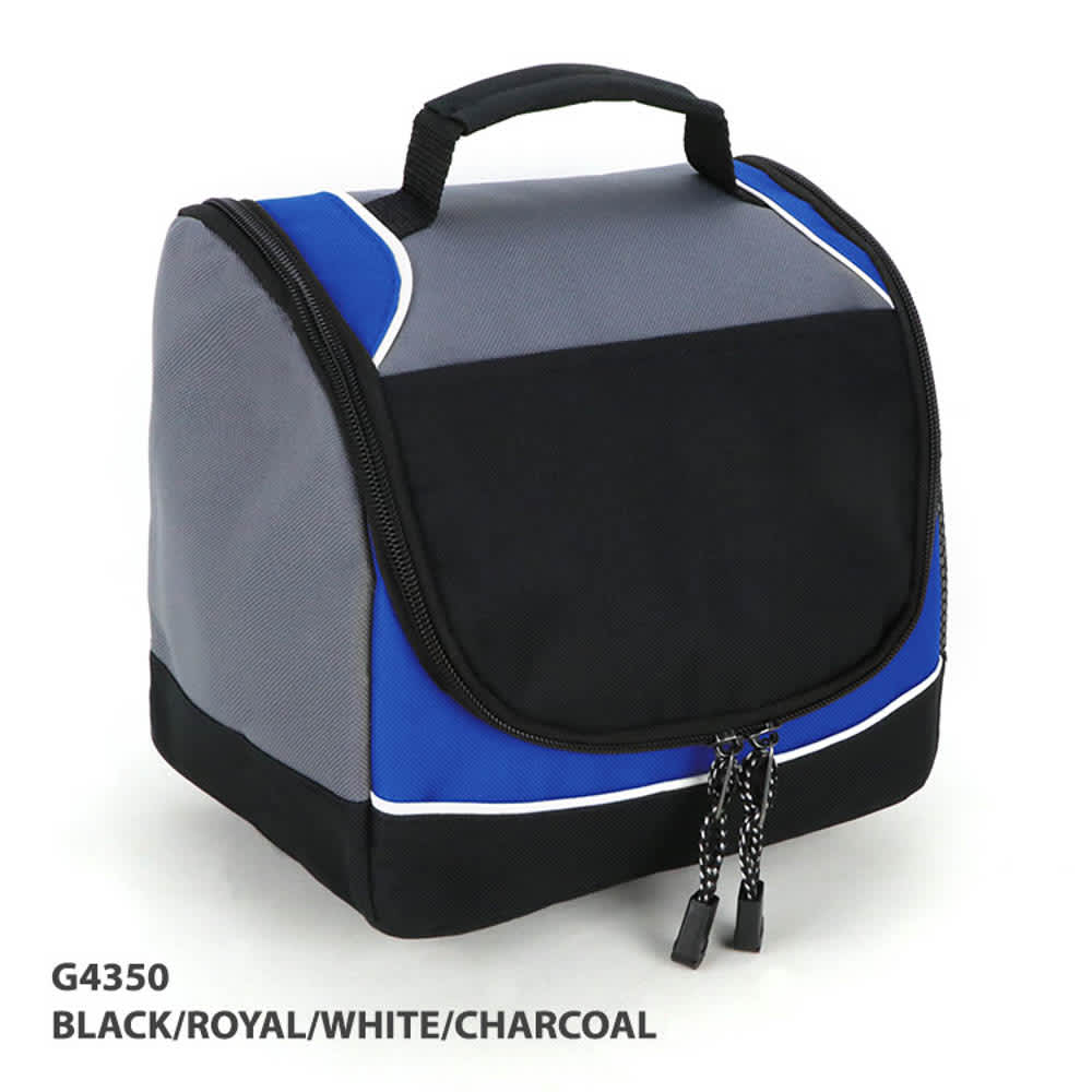 A cooler bag in black, royal blue, white, and charcoal with a zippered closure and a sturdy handle.