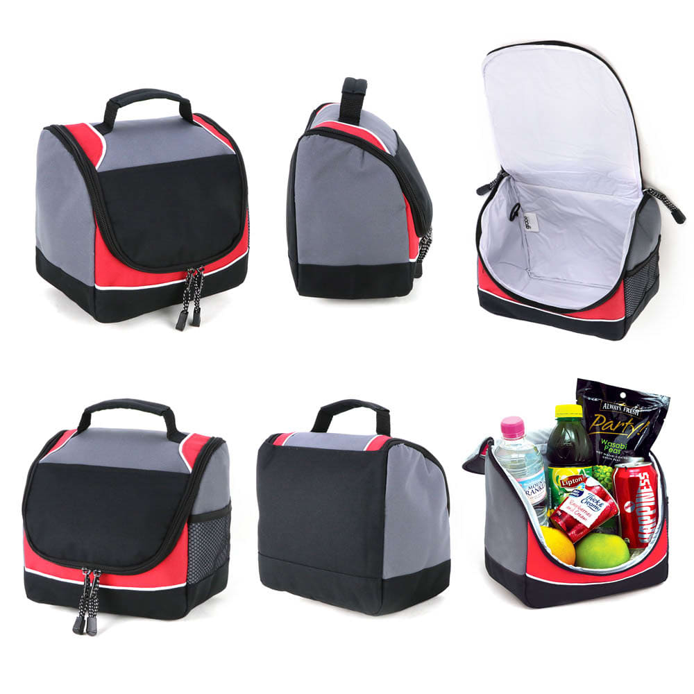 A grey and red cooler bag with a zippered opening, featuring a spacious interior and carrying handles.
