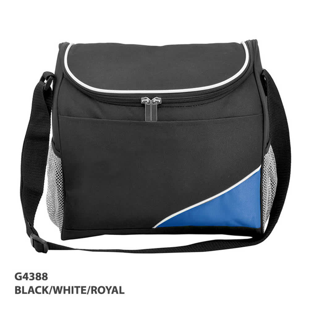 A black, white, and royal blue cooler bag with a shoulder strap and mesh side pockets. Features a zip closure and a logo.