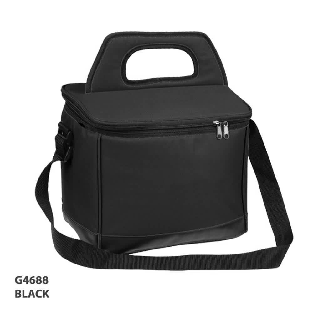 A black cooler bag with a zippered lid, carrying handle, and a strap for easy transport. It features a logo.