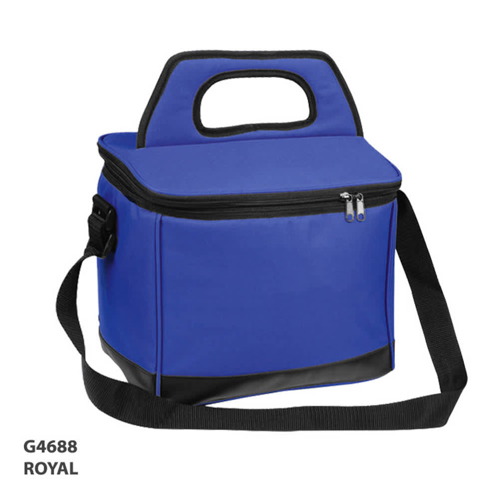 A blue cooler bag with a black base and a zip closure, featuring a carrying handle and detachable strap.