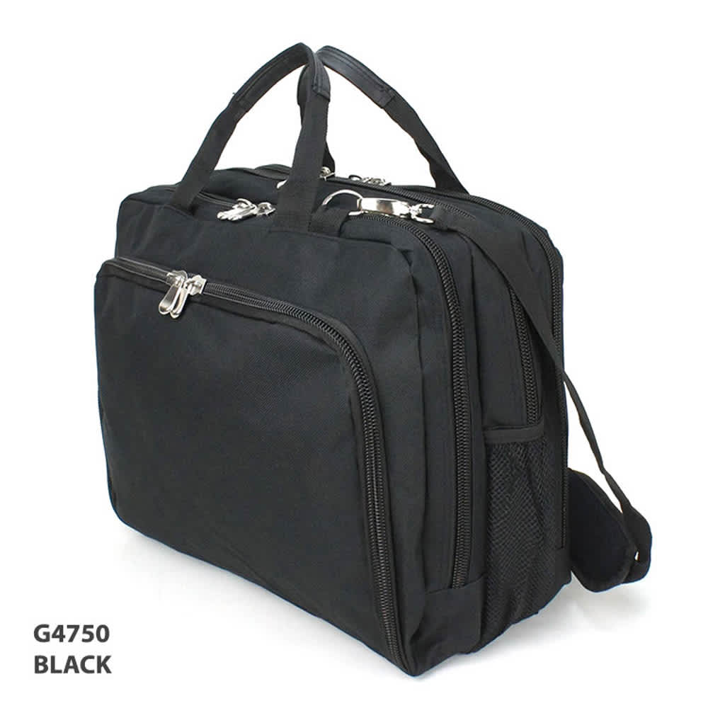 A black conference bag with multiple compartments, zippers, and a detachable shoulder strap. It has a logo.