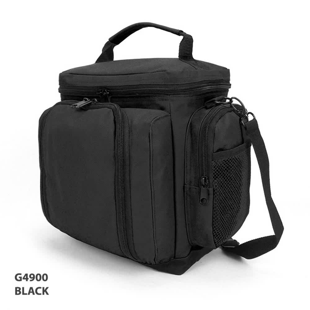 A black cooler bag with multiple zippered compartments and a side mesh pocket. It has a sturdy handle and shoulder strap.