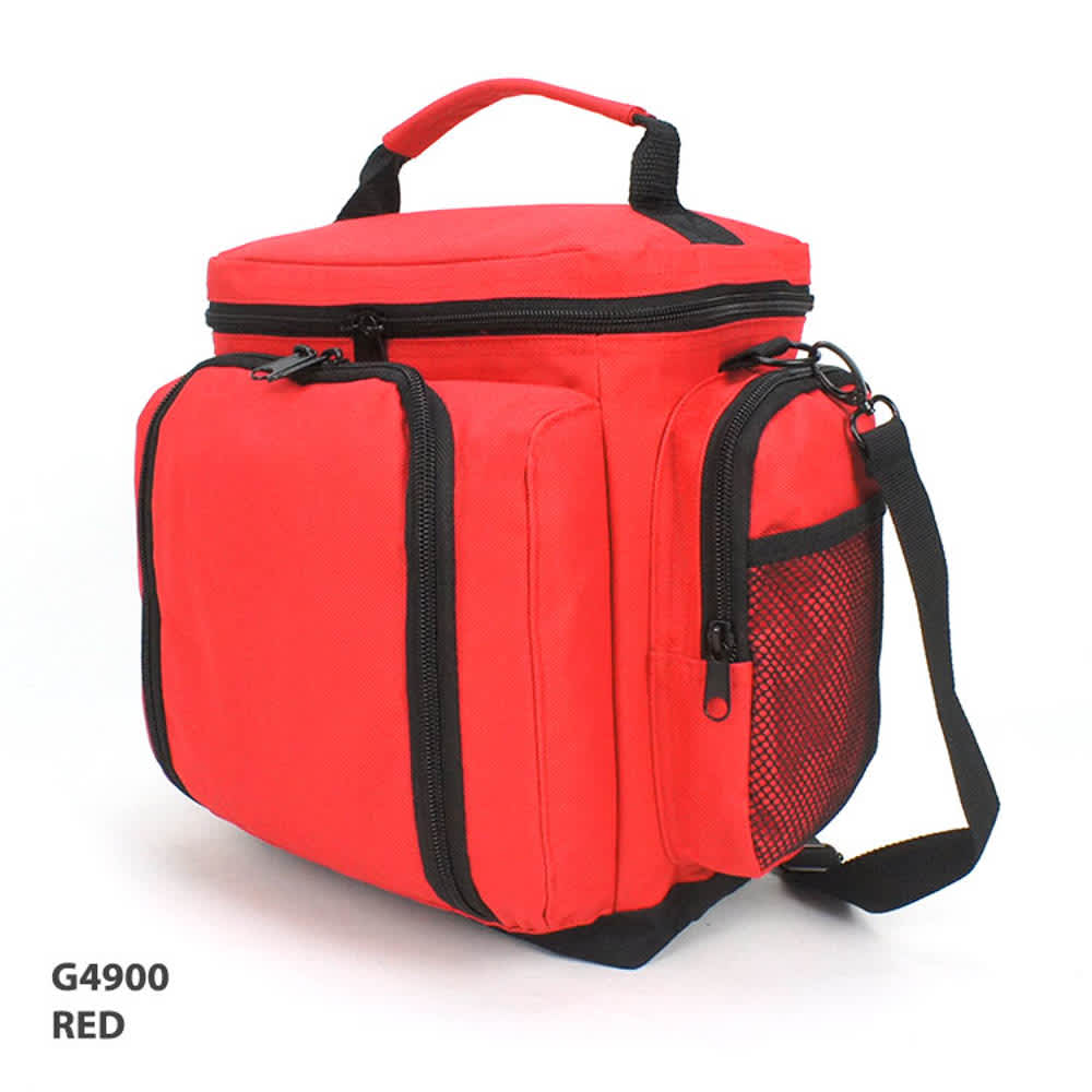 A red cooler bag with multiple compartments, a shoulder strap, and a top handle. It features a branding logo.