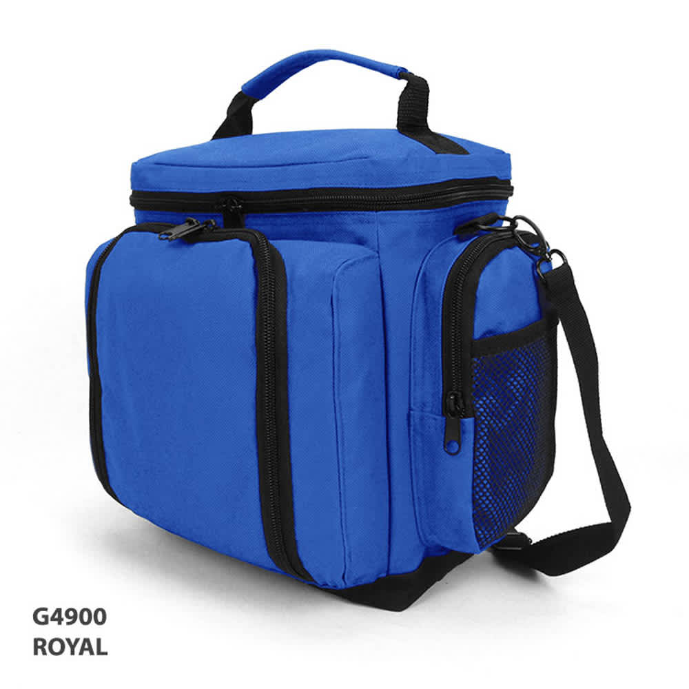 A blue deluxe cooler bag featuring zippered compartments and a mesh side pocket, with a handle and adjustable strap.