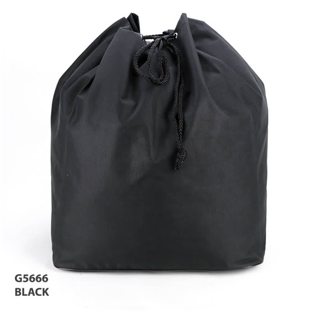 A black drawstring bag with a cinched top and a logo. The bag has a simple, sleek design.