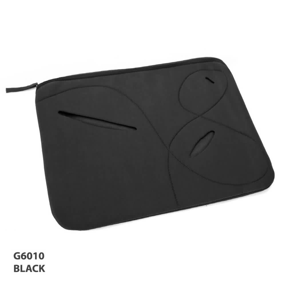 A black laptop sleeve with a textured design and a zip enclosure, featuring cut-out shapes.