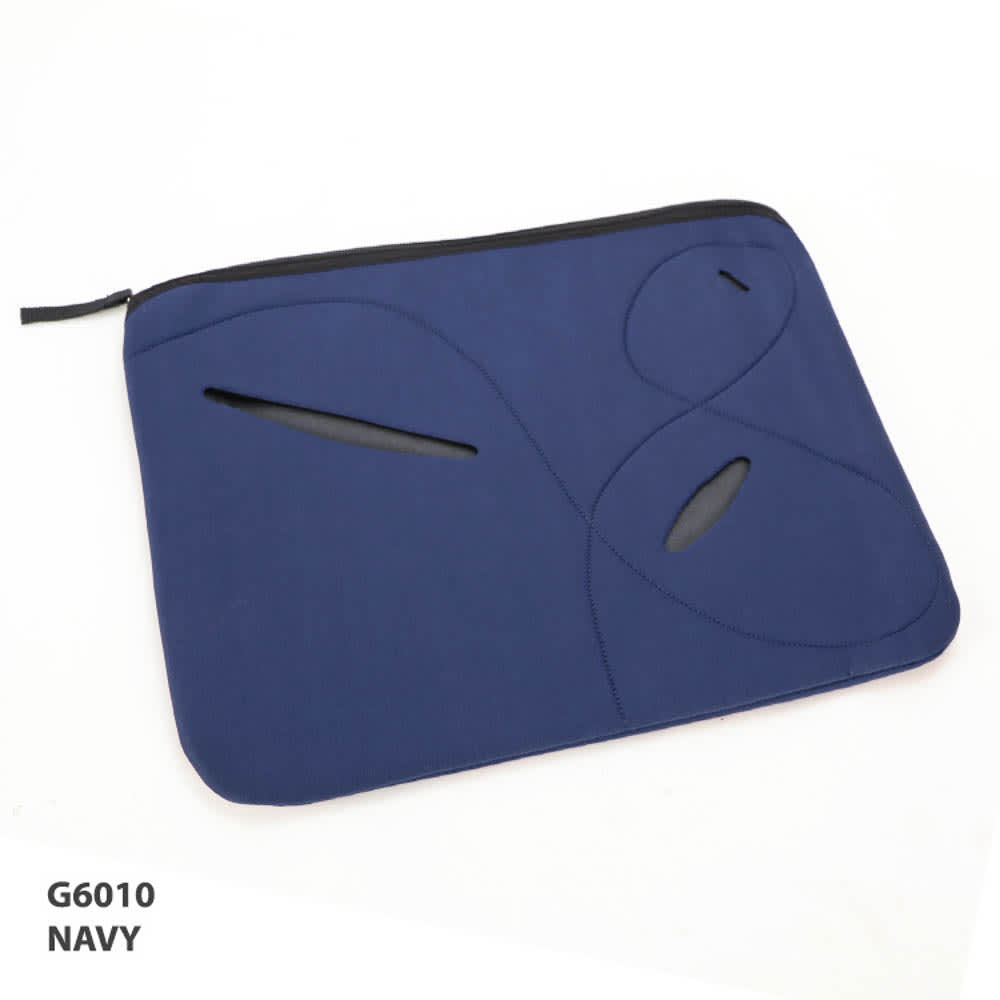A navy laptop sleeve with a sleek design and zip closure. It features cutout patterns and a logo.