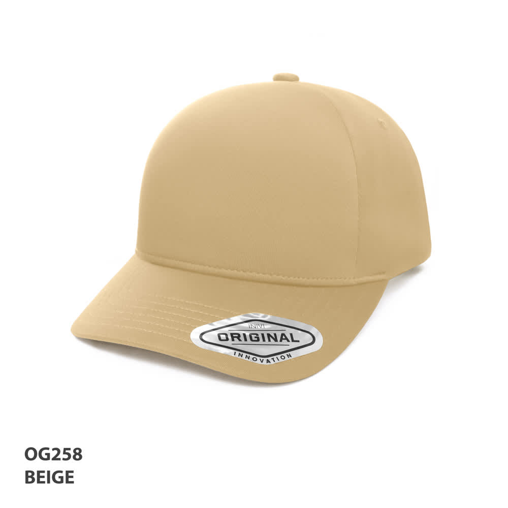 Seam-Free Tech Cap GR-OG258 A beige cap featuring a curved brim and a logo on the side, part of the headwear category.