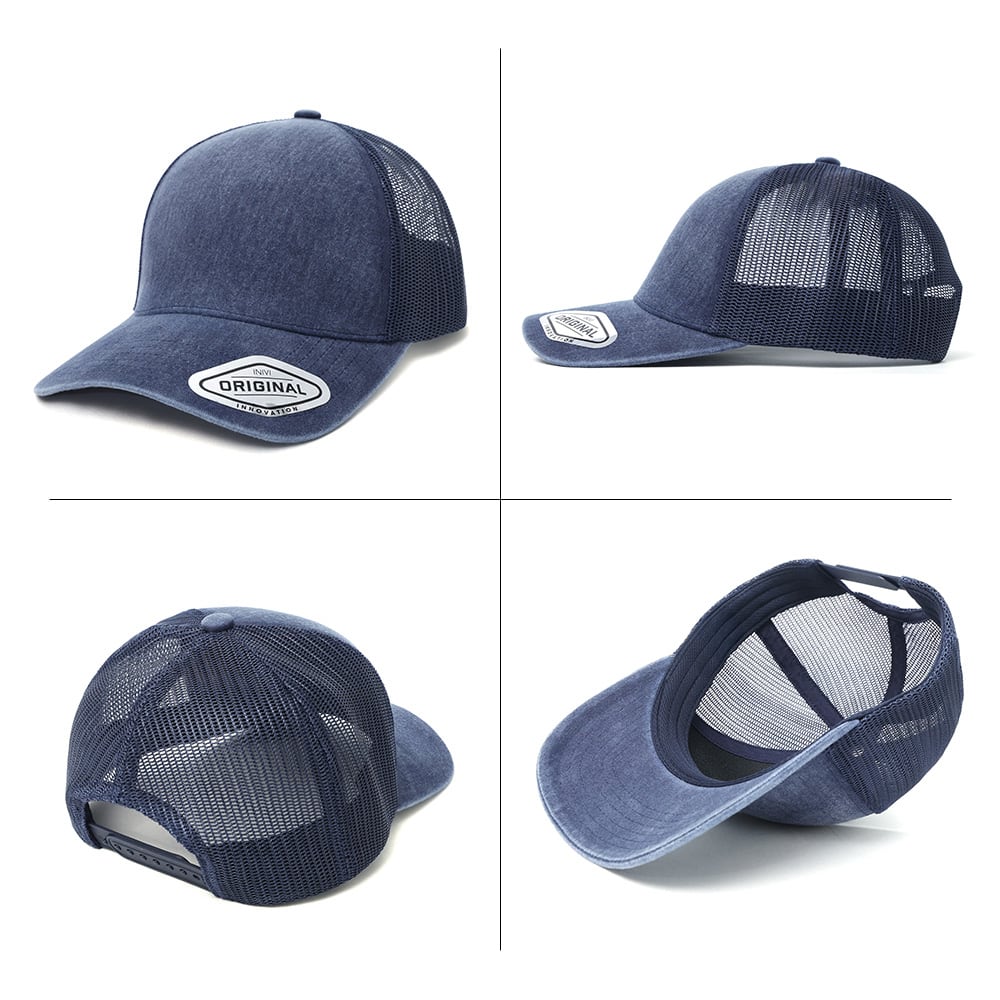 Seamless Front Washed Mesh Cap GR-OG305 A navy blue seamless front washed mesh cap featuring a curved brim and a mesh back, with a logo present.