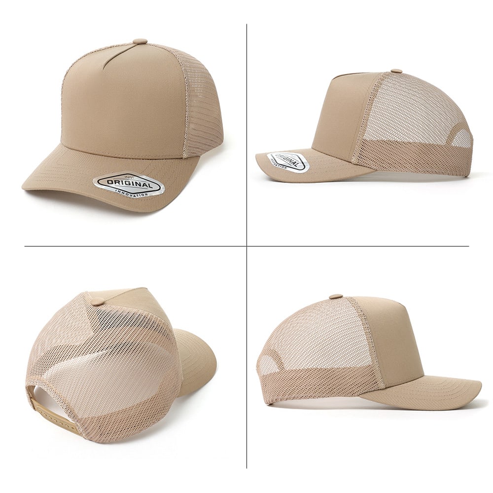 A-Frame Seamless Mesh Cap GR-OG352 A beige A-Frame seamless mesh cap with a curved brim and a branded logo on the front.
