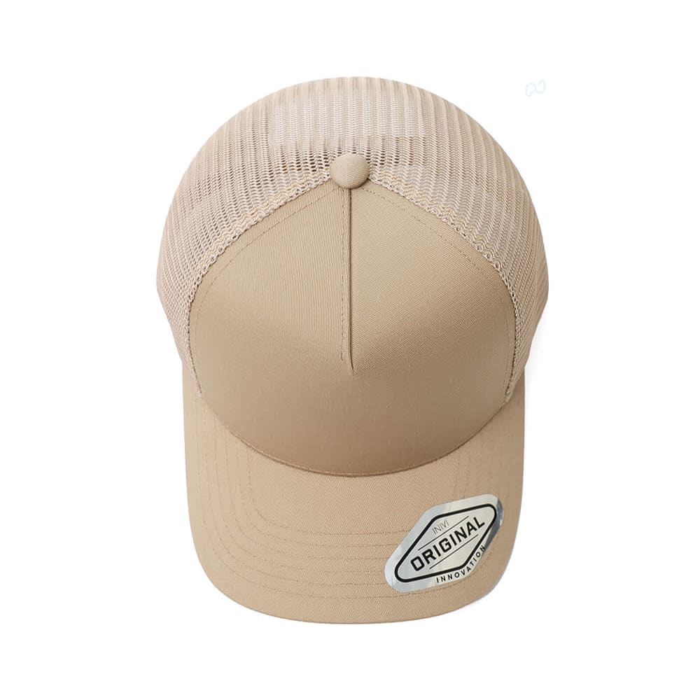 A-Frame Seamless Mesh Cap GR-OG352 A beige A-Frame seamless mesh cap featuring a curved peak and a logo on the side. The back has a mesh design.