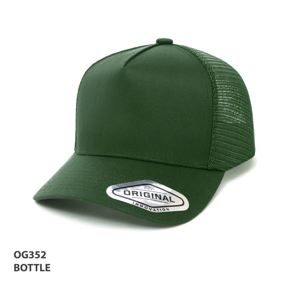 A-Frame Seamless Mesh Cap GR-OG352 A green A-Frame Seamless Mesh Cap with a mesh back and a logo on the front.