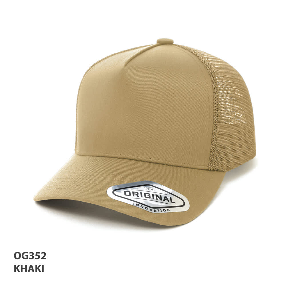 A-Frame Seamless Mesh Cap GR-OG352 A khaki A-Frame Seamless Mesh Cap featuring a structured front panel and a branded logo on the side.