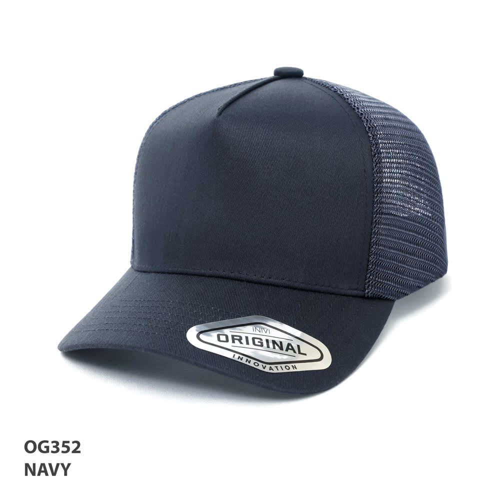 A-Frame Seamless Mesh Cap GR-OG352 A navy A-Frame Seamless Mesh Cap with a curved brim and a mesh back, featuring a branding logo.