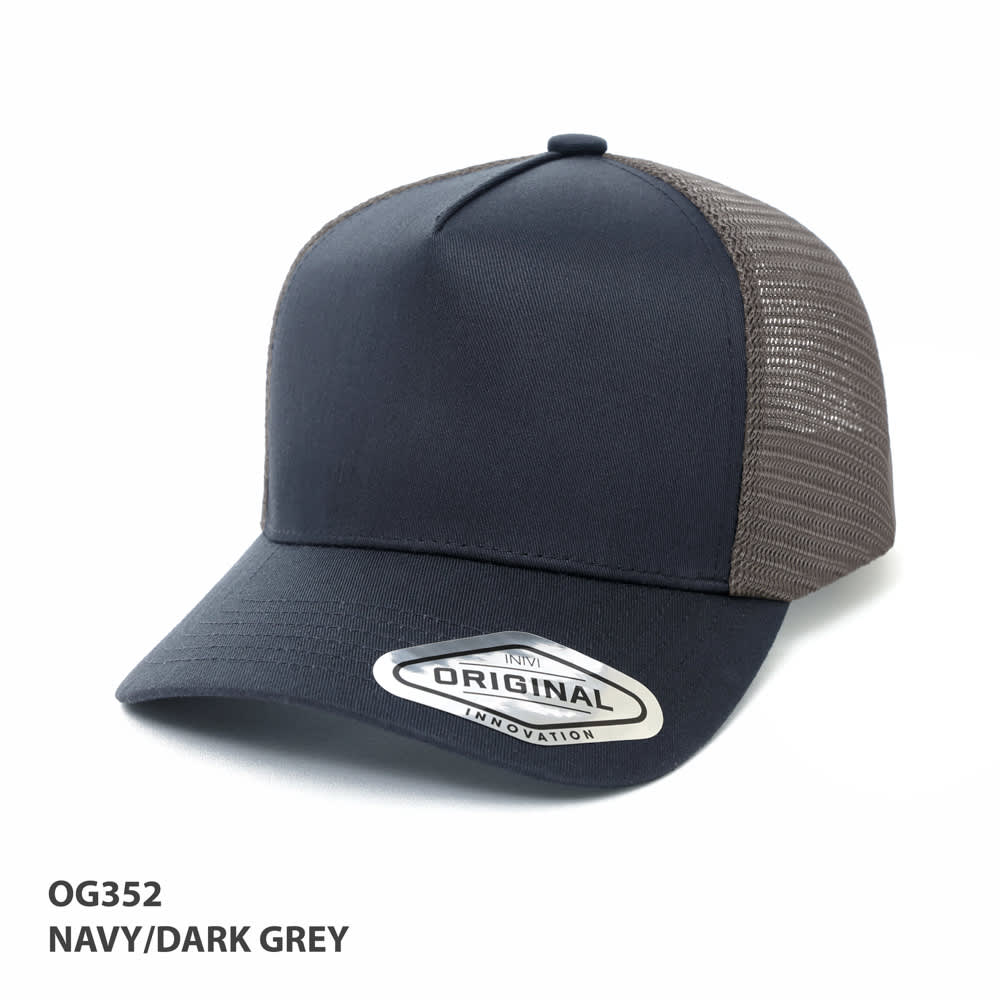 A-Frame Seamless Mesh Cap GR-OG352 A navy and dark grey A-Frame seamless mesh cap with a branded logo on the front.