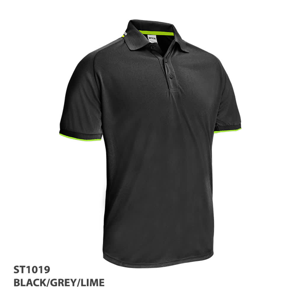 A black polo shirt with grey and lime accents, featuring a logo on the chest area.