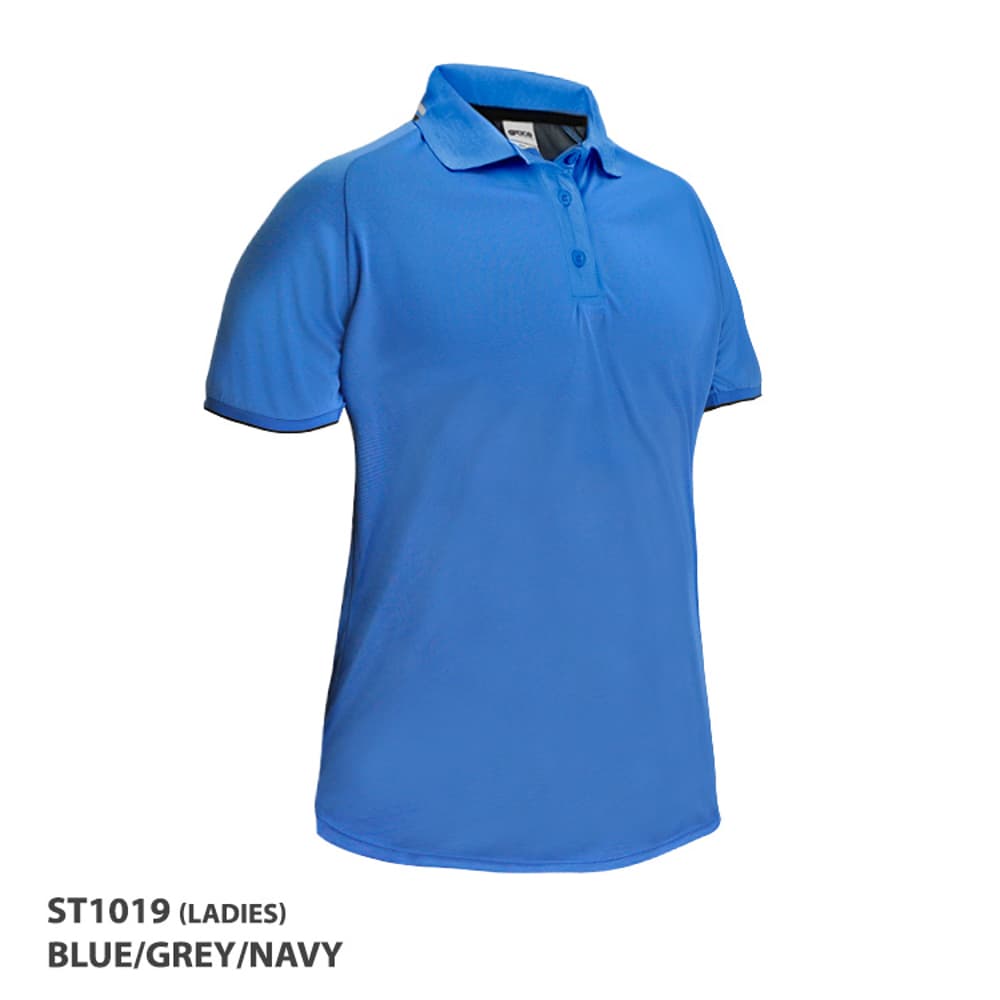 A blue polo shirt in a lightweight fabric with a collar and a three-button placket. It has a logo on the chest.