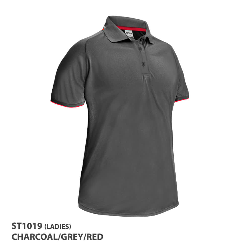A charcoal polo shirt with grey and red accents, featuring a collar and a branded logo.