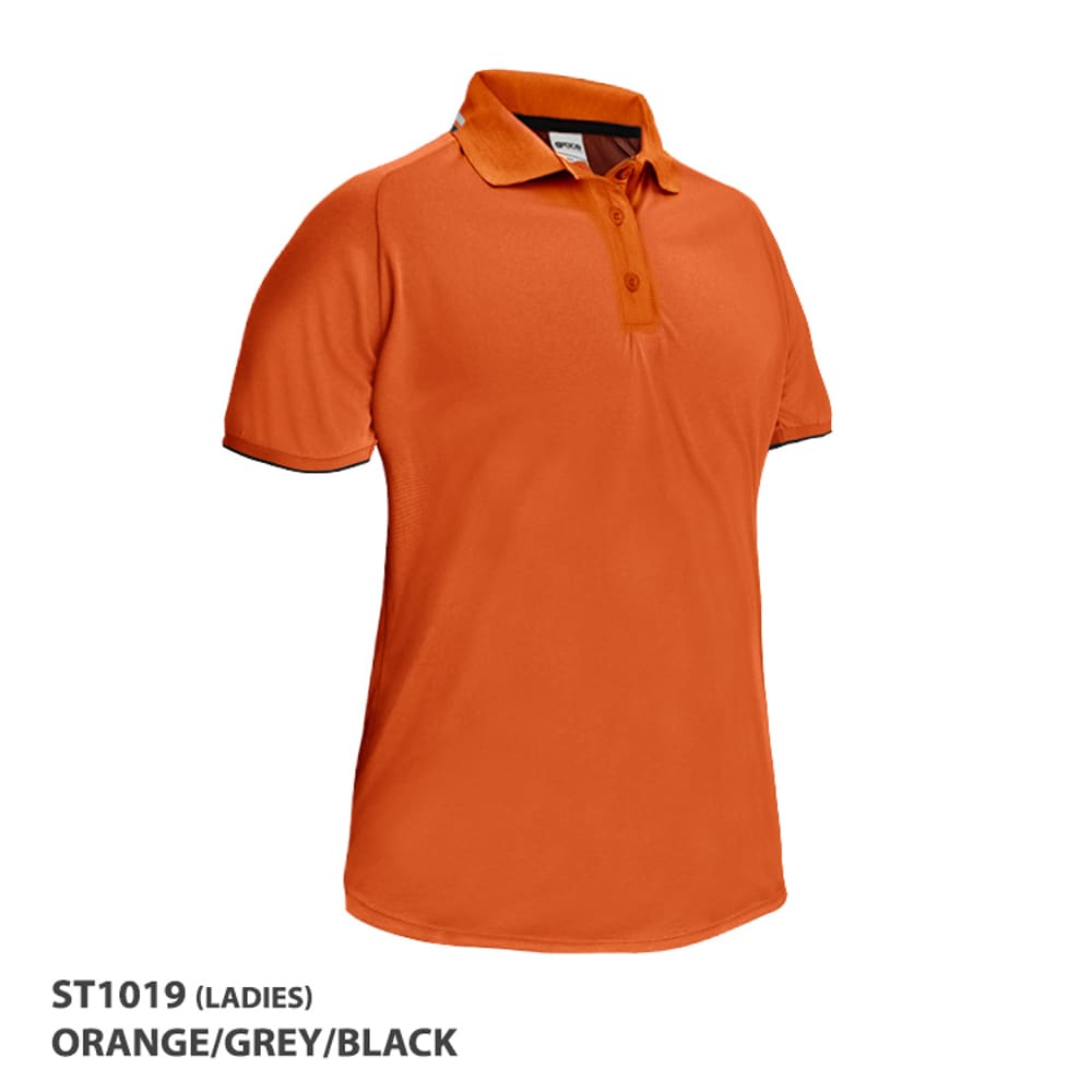An orange polo shirt with a collar and buttons, featuring a logo on the left chest area.