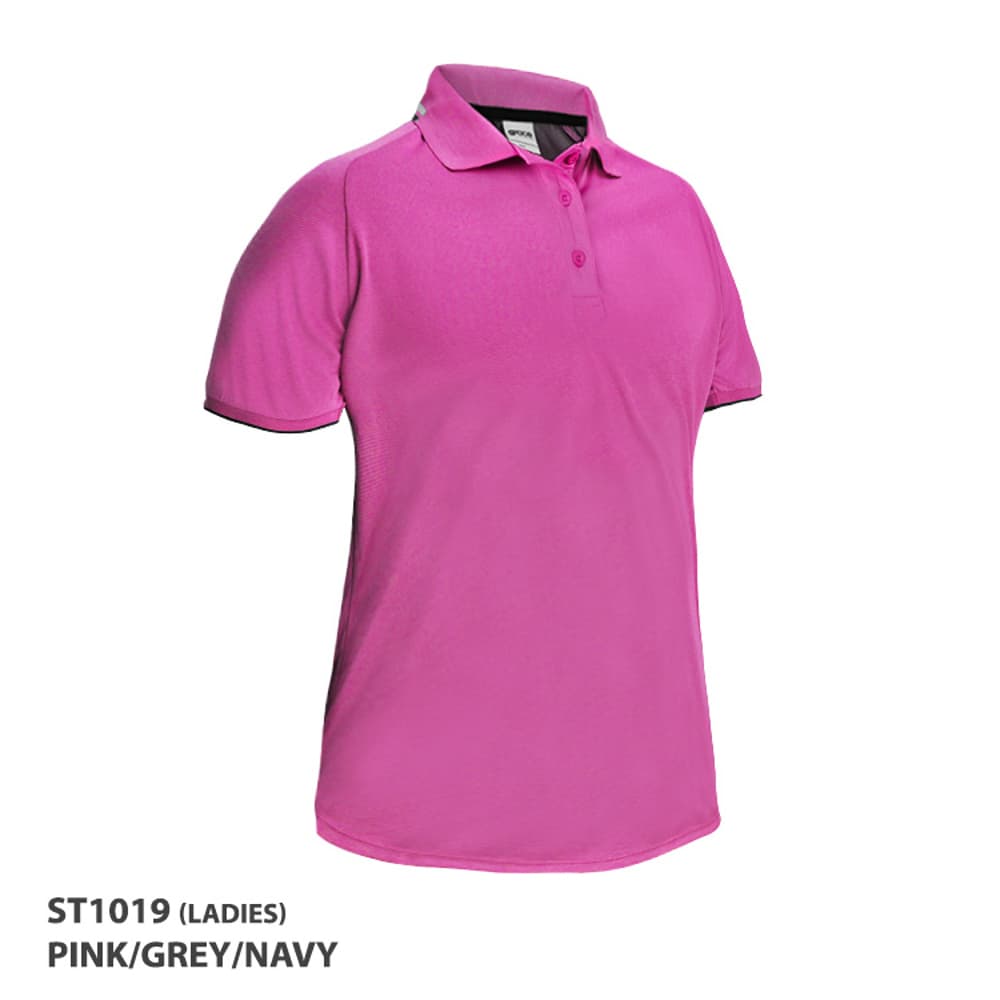 A pink polo shirt with grey and navy accents, featuring a collar and buttons, and a logo on the chest.