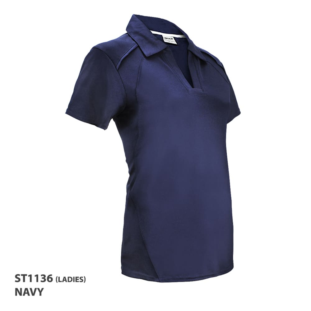 A navy polo shirt with a modern design, featuring a collar and short sleeves. It has a logo.