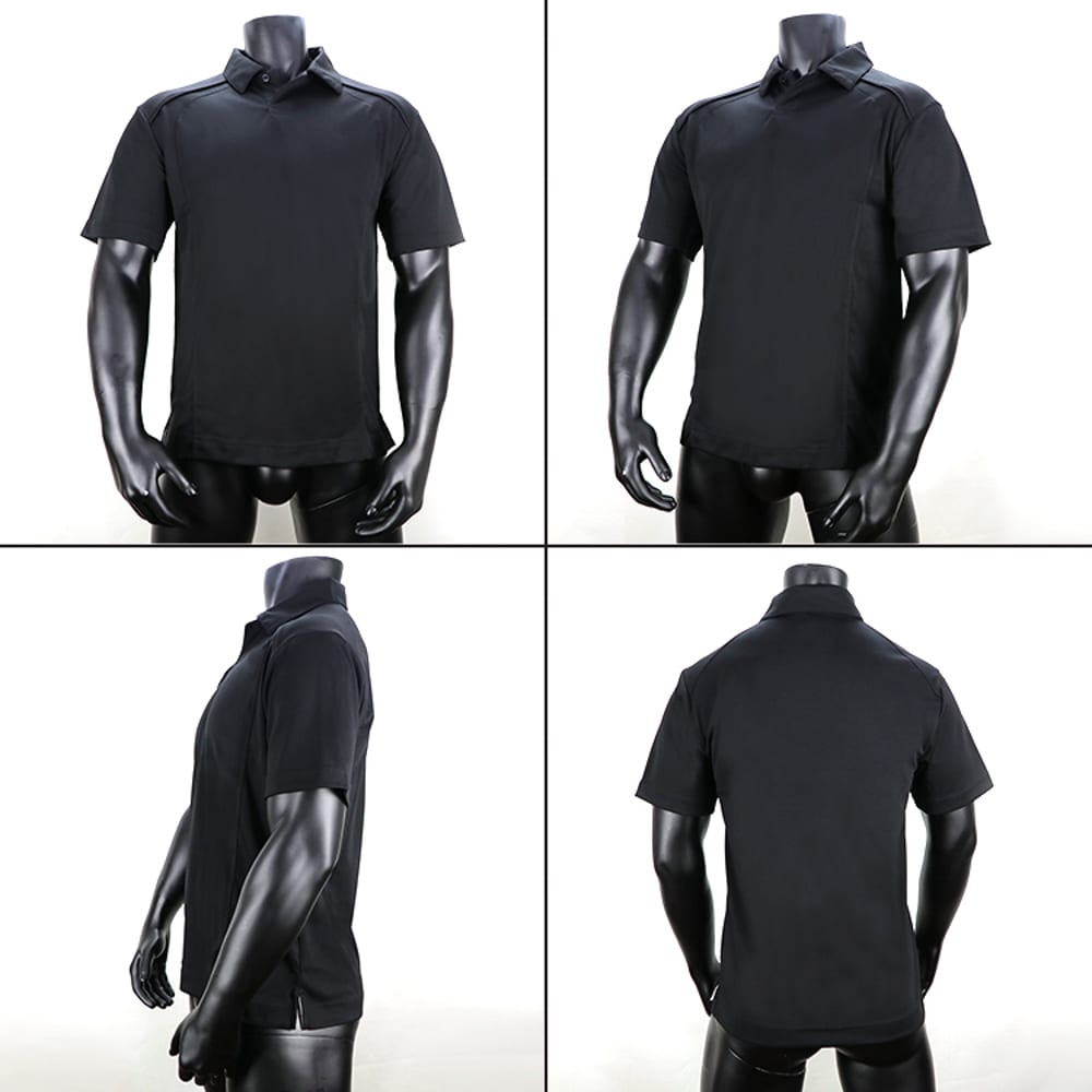 A black polo shirt displayed from multiple angles, featuring short sleeves and a collar. It has a logo on it.