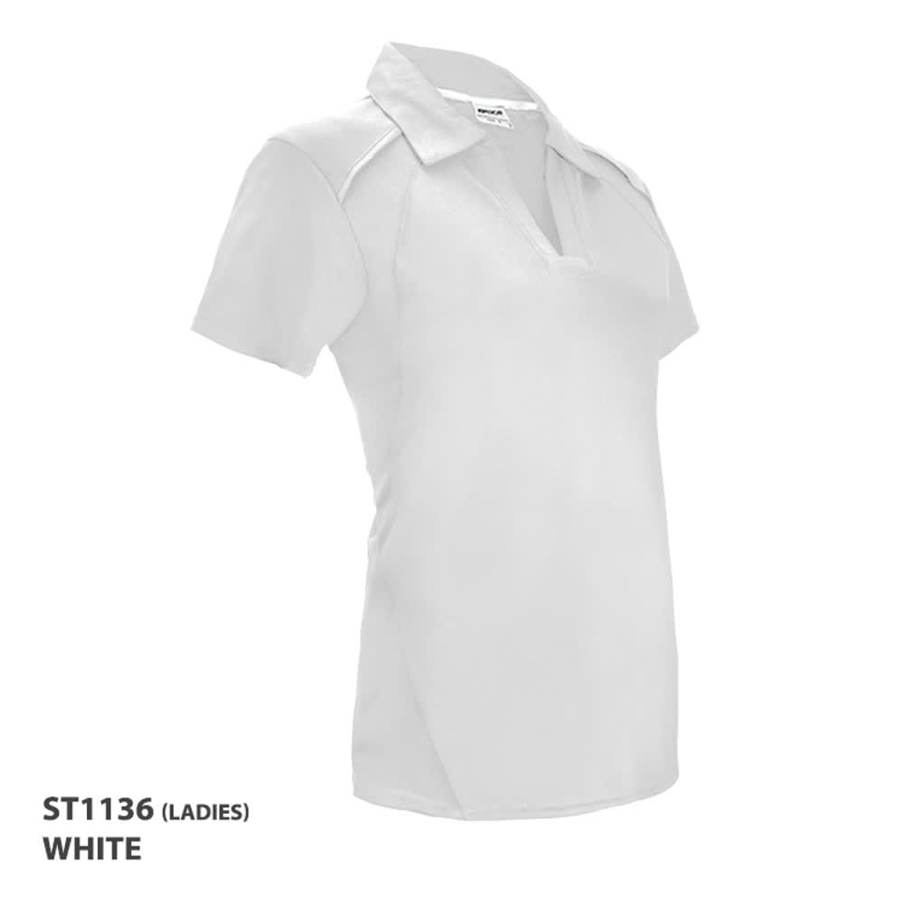 A white ladies' polo shirt with a collar and a branded logo.