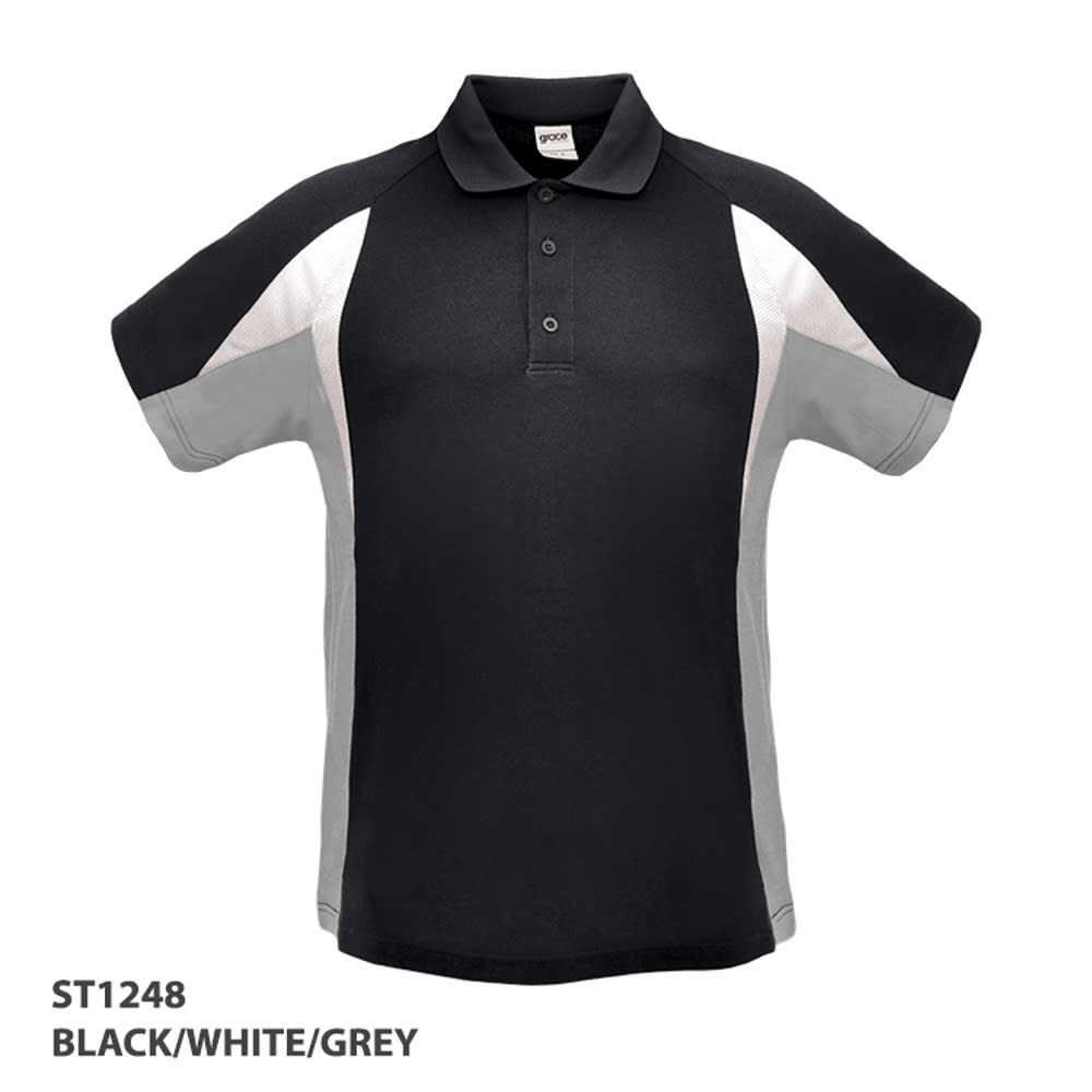 A black, white, and grey polo shirt featuring a contrasting design and a collar, with a logo on the front.