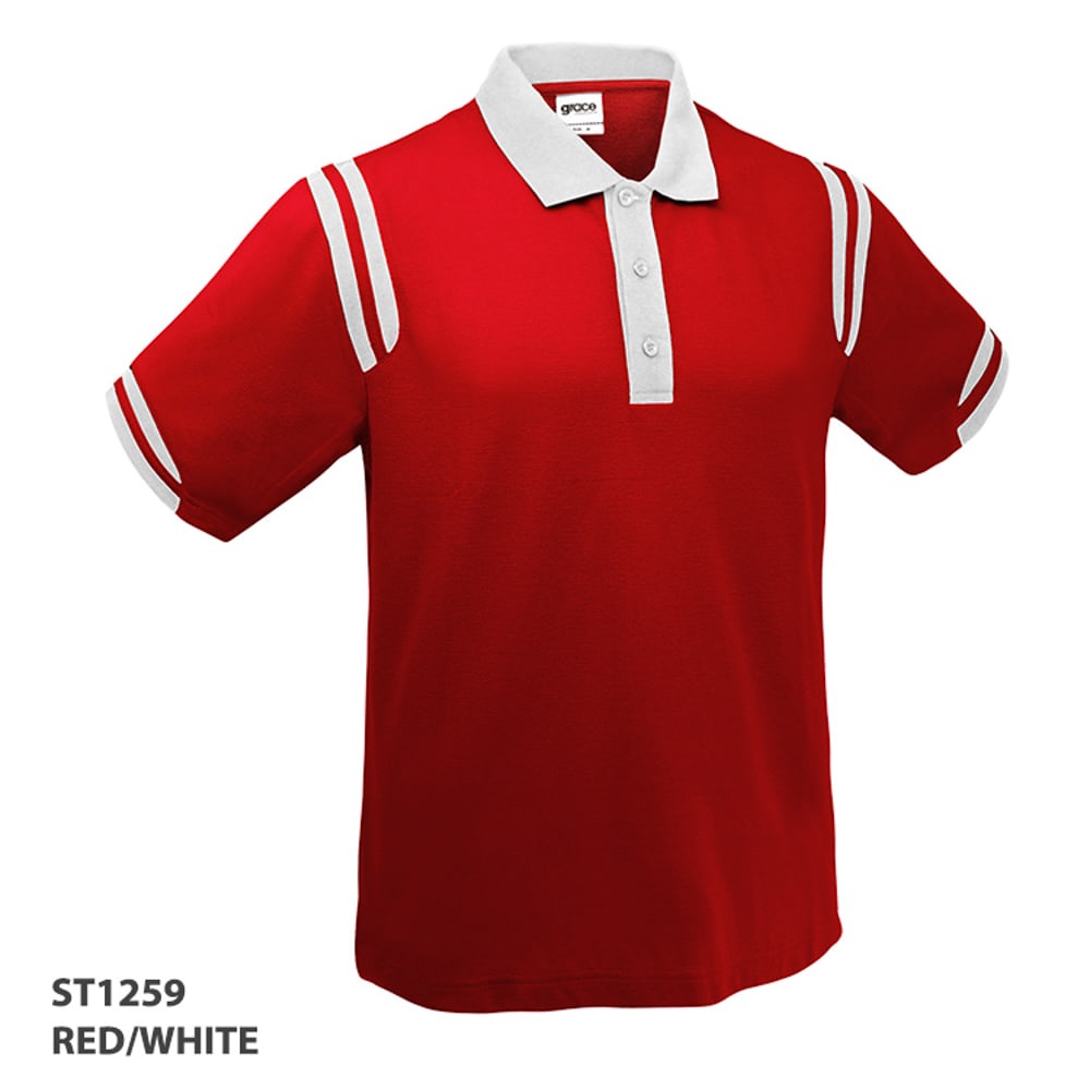 A red polo shirt with white accents and a collar, featuring buttons and logo branding.