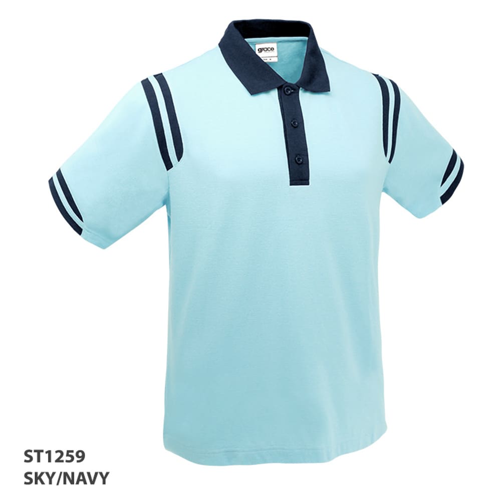 A sky blue polo shirt with navy accents and stripes, featuring a collar and buttons, along with a logo.