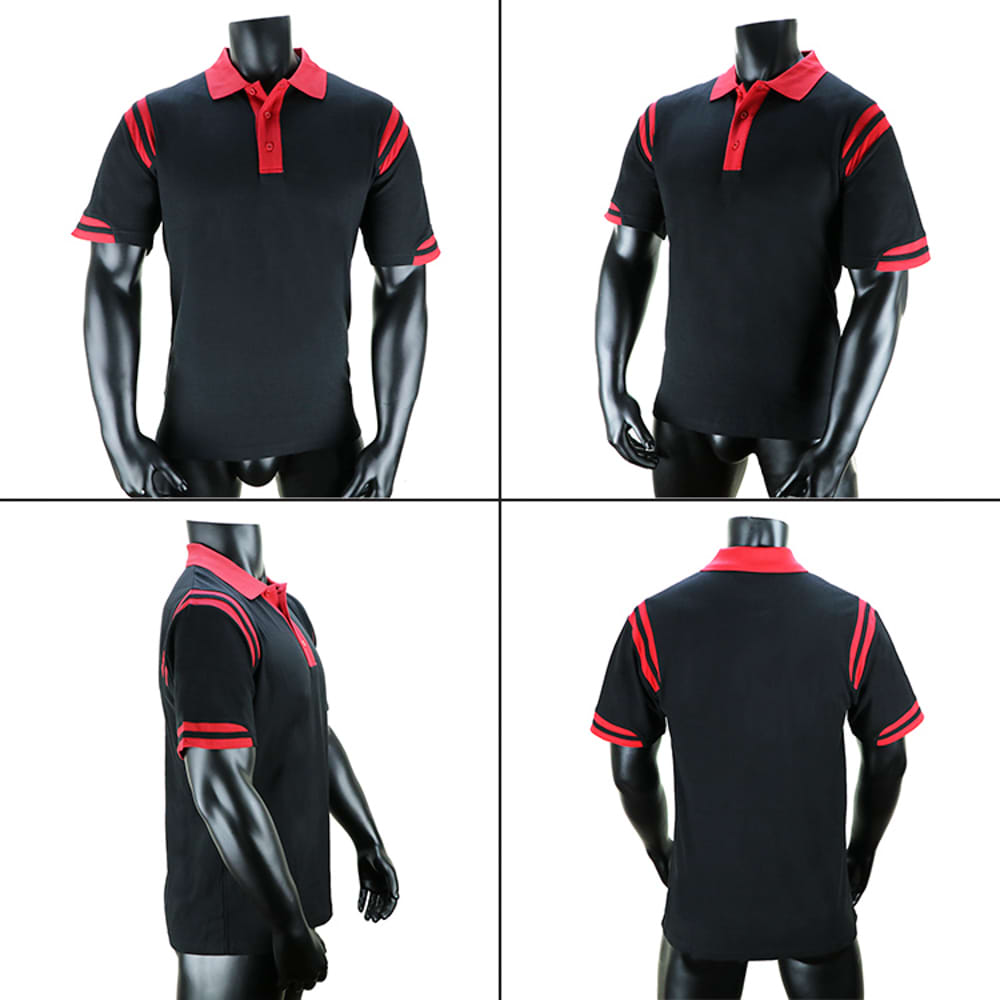 A black polo shirt featuring red accents, displayed from multiple angles, with a logo on the front.