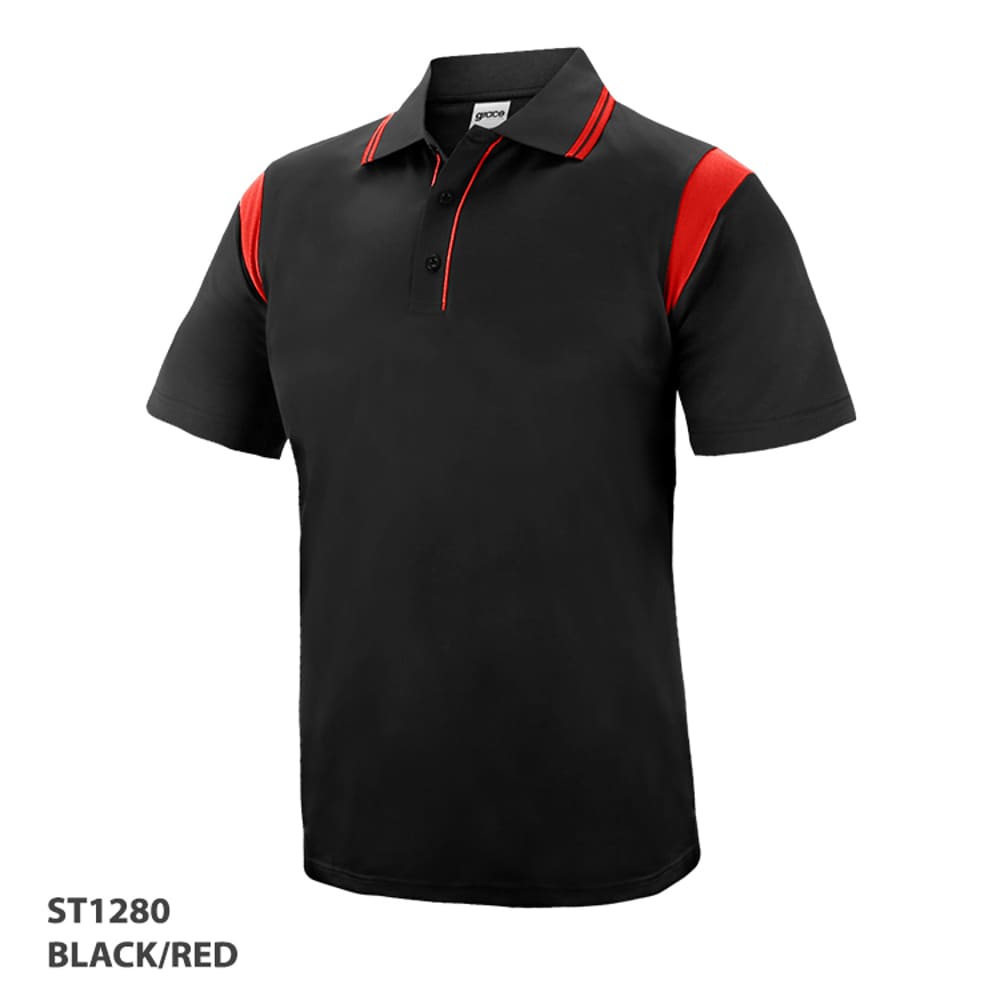 A black and red polo shirt with a collar and short sleeves, featuring contrasting stripes on the shoulders and a logo.