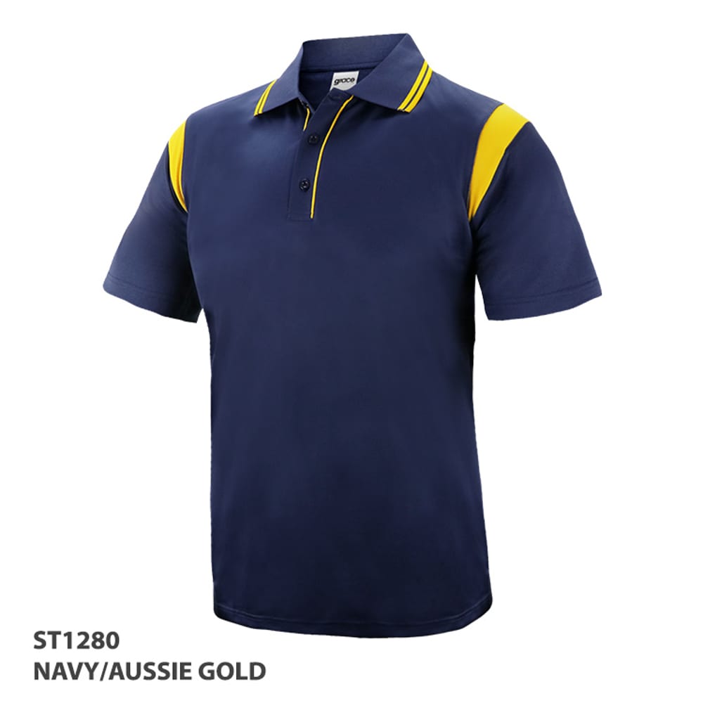 A navy polo shirt with yellow accents. It features a collar and short sleeves, along with a logo.