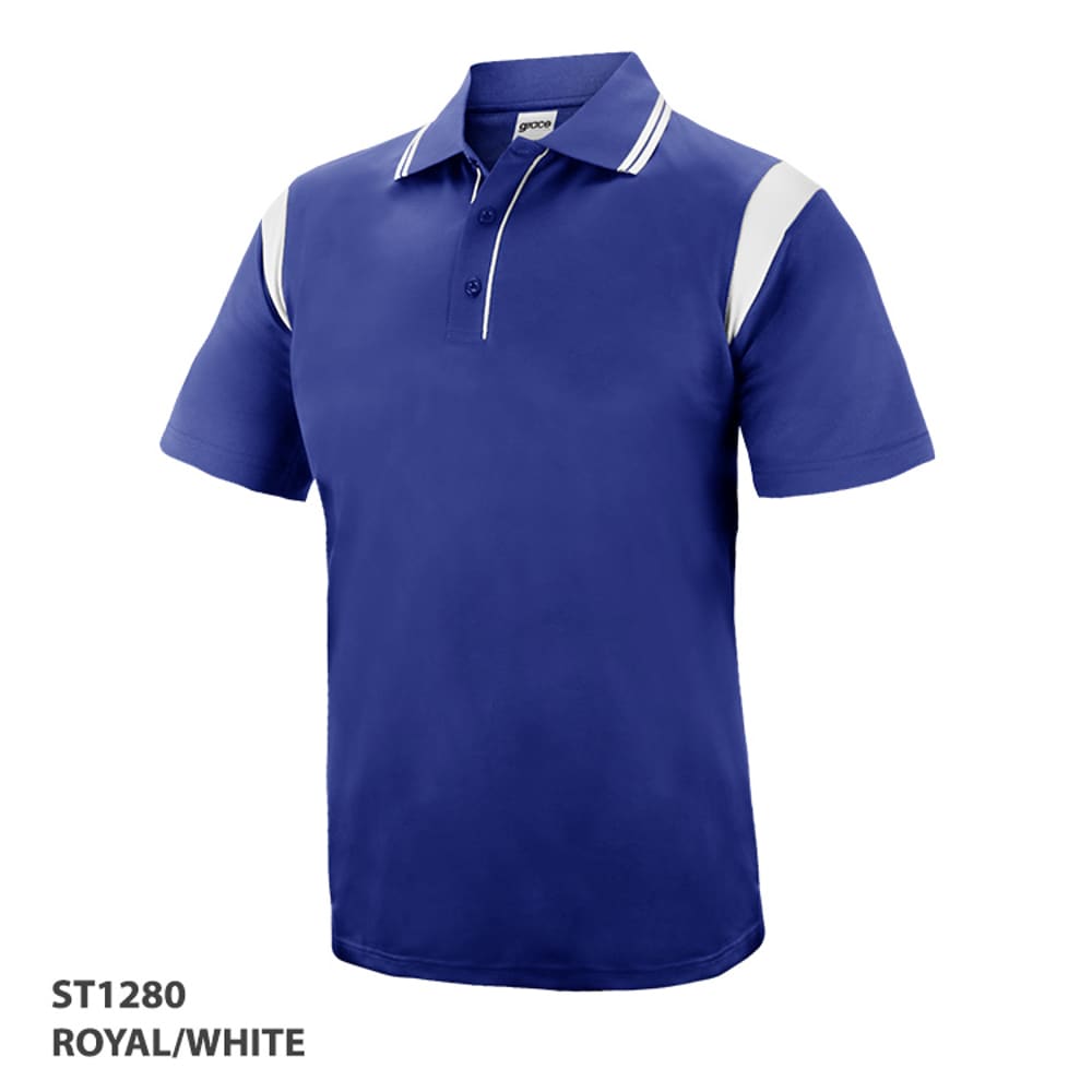 A royal blue polo shirt with white accents and a logo. Short sleeves and a classic collar design.