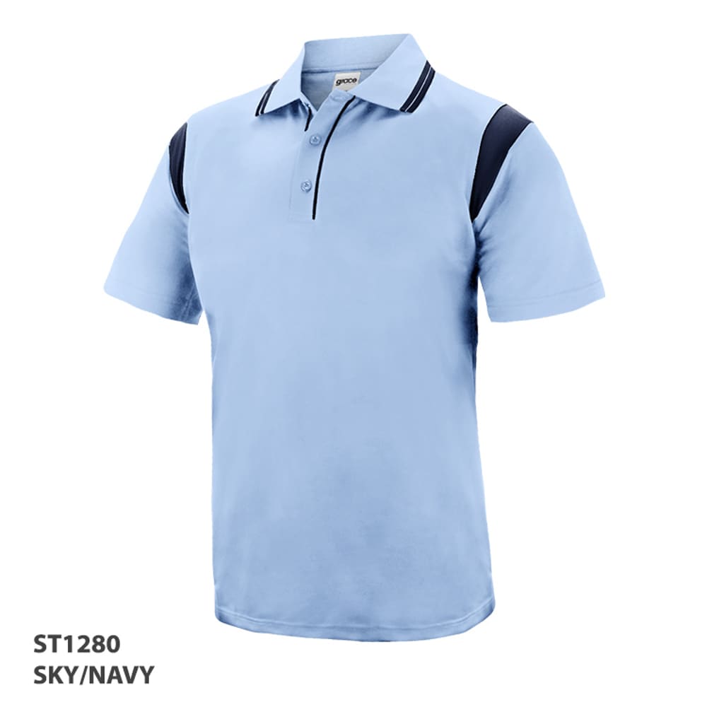 A light blue polo shirt with navy accents and a collar, featuring a logo on the front.