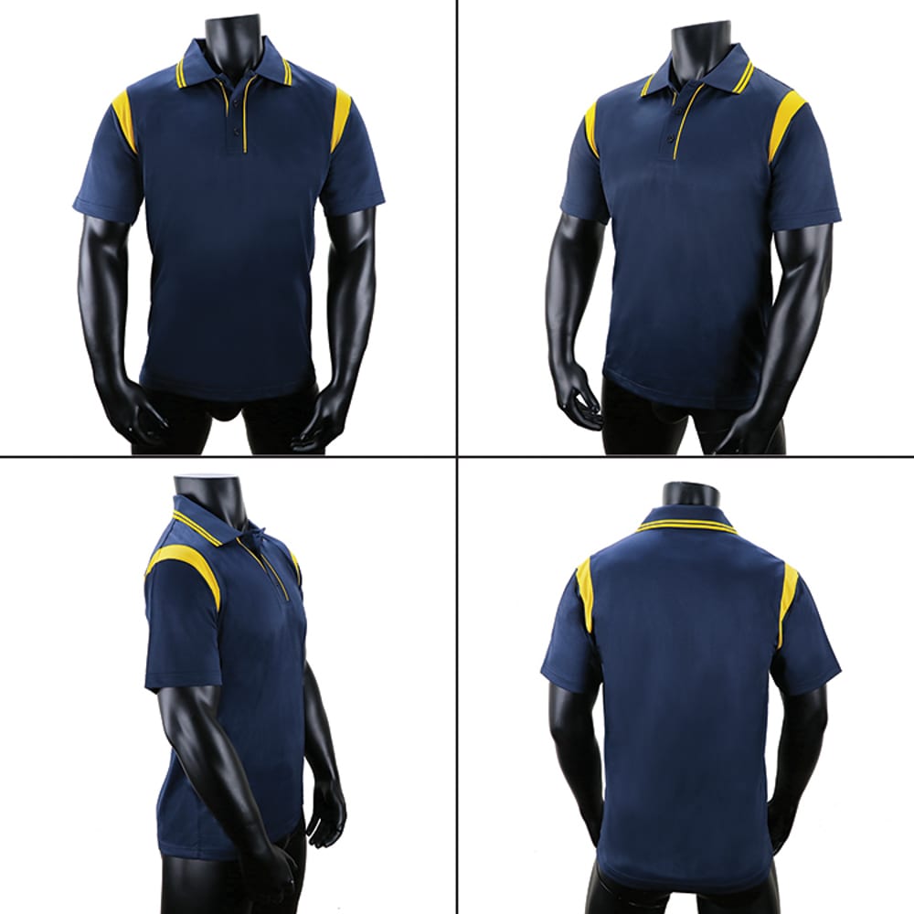 A navy polo shirt with yellow accents, displayed from multiple angles on a mannequin. It features a logo on the chest.