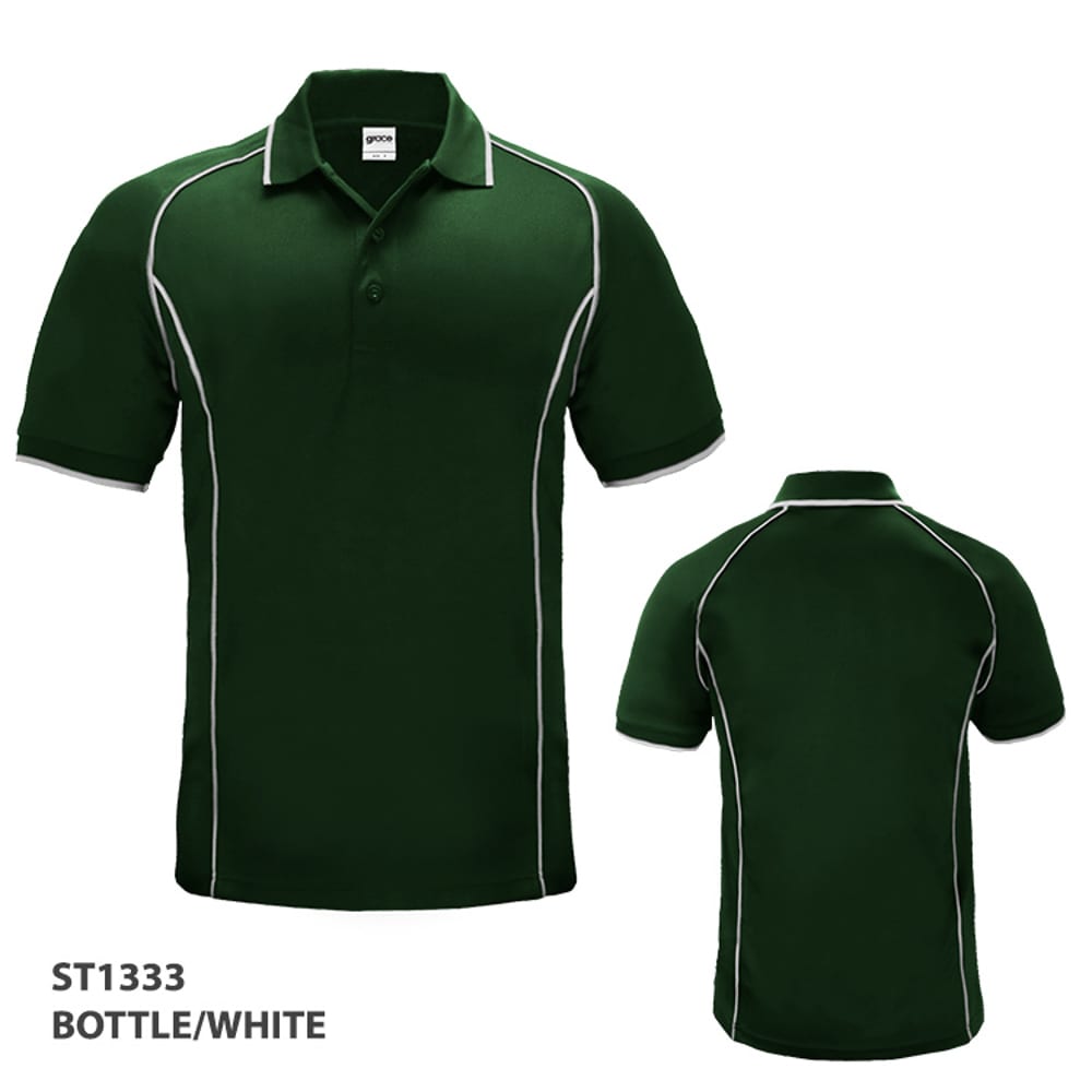 A bottle green polo shirt with white piping, featuring a collar and short sleeves. Brand logo is present.
