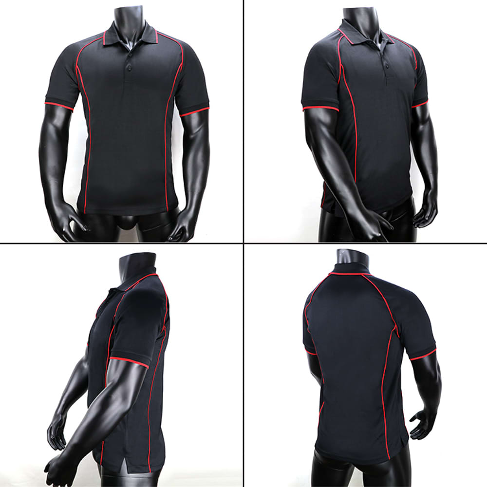 A black polo shirt with red piping, displayed from multiple angles on a mannequin. It features a logo.