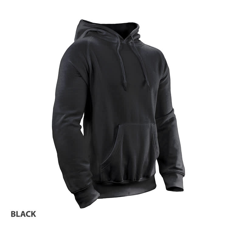 A black hoodie with a front pocket and drawstring hood, featuring a logo. Available in jumper category.