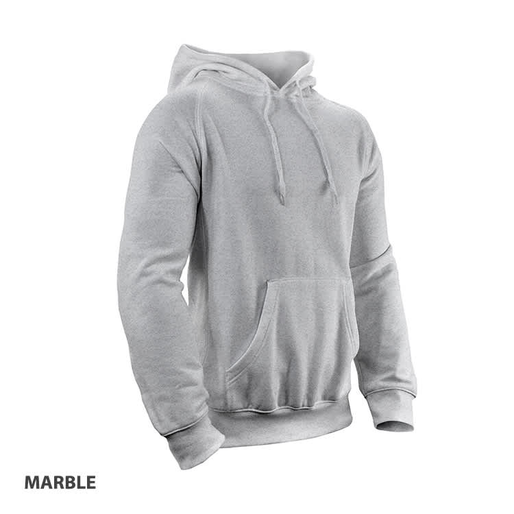 A grey hoodie featuring a front pocket and a drawstring hood. The item has a logo.