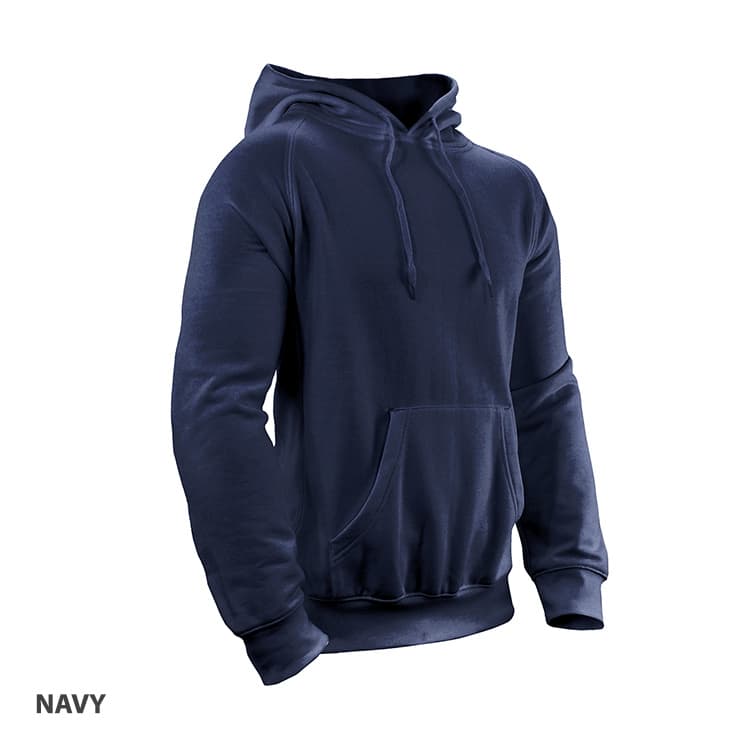 A navy hoodie with a front pocket and a hood, featuring long sleeves and a casual fit. Lightweight fabric with a logo.