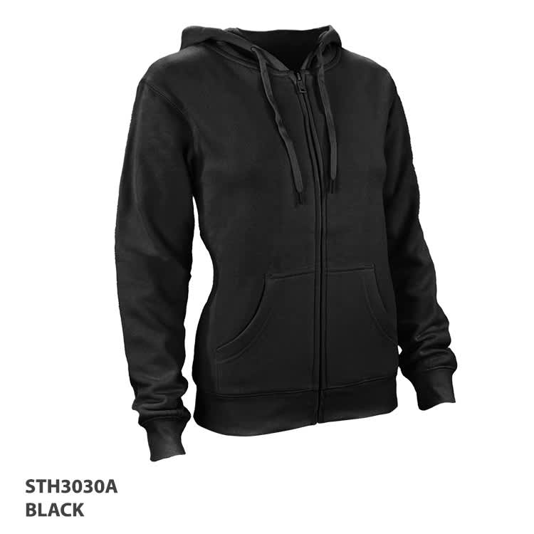 A black zip-up hoodie featuring a hood and front pockets, with a logo on the garment.