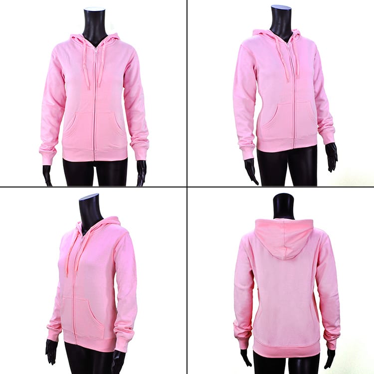 A pink hoodie displayed from multiple angles, featuring a front pocket and a drawstring hood. The garment has a logo.