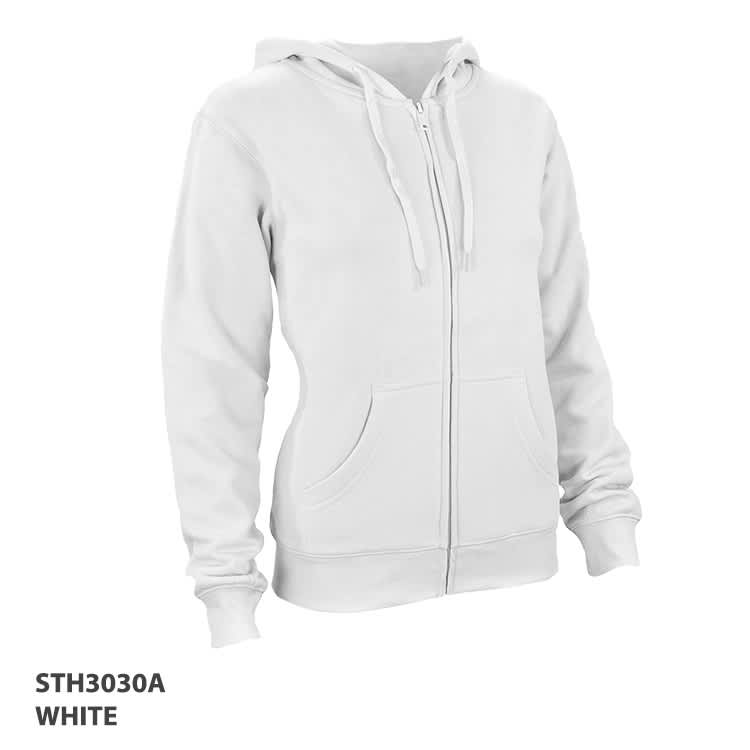A white zip-up hoodie featuring a front pocket and a hood, designed for comfort. It includes a logo.