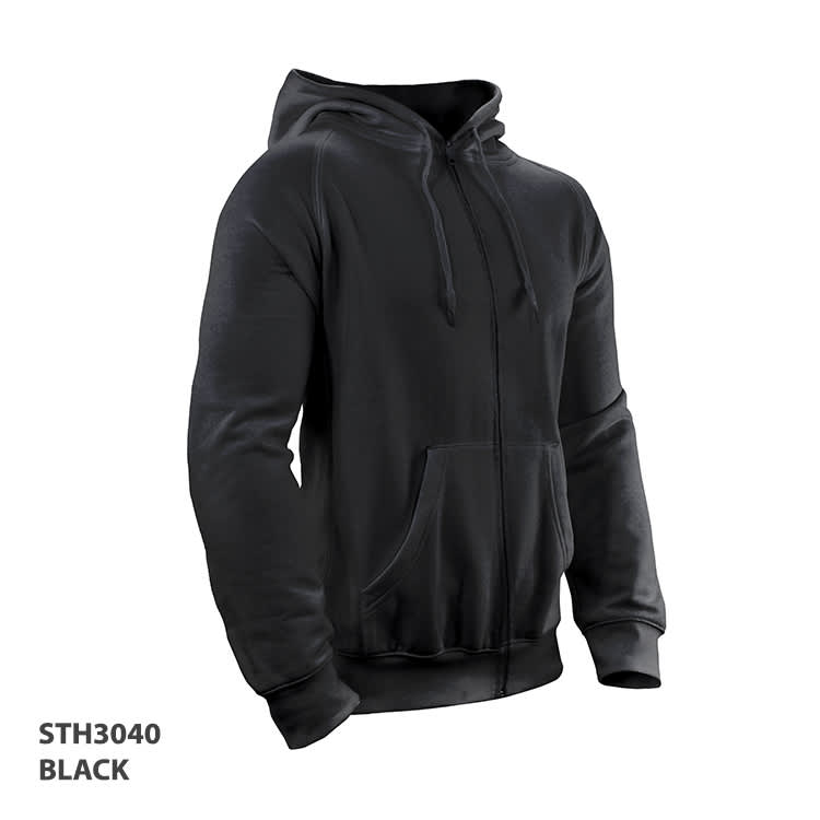 A black hoodie with a zip-up front, featuring a hood and a front pocket, and has a logo.